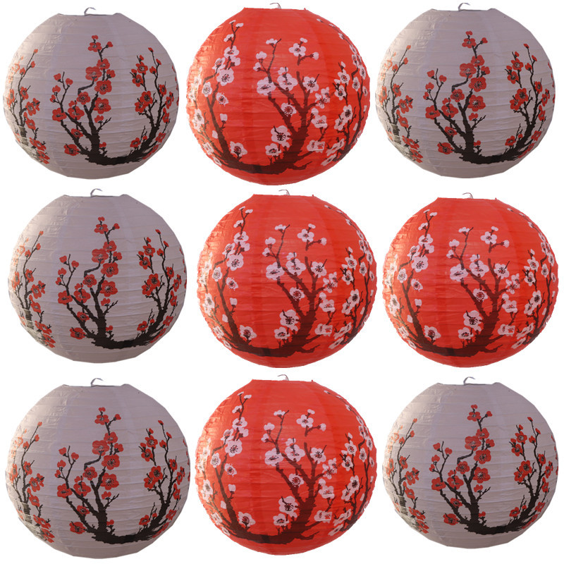 Japanese Lantern Paper - 30 cm rood/wit pruimenbloesem papieren lantaarns