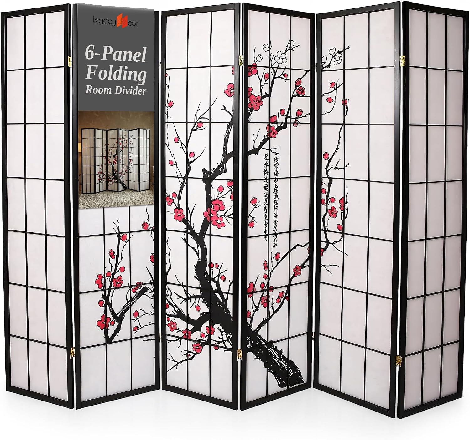 Shoji Screen Divider - 6-delige kamerverdeler in Shoji-stijl, zwart, 71